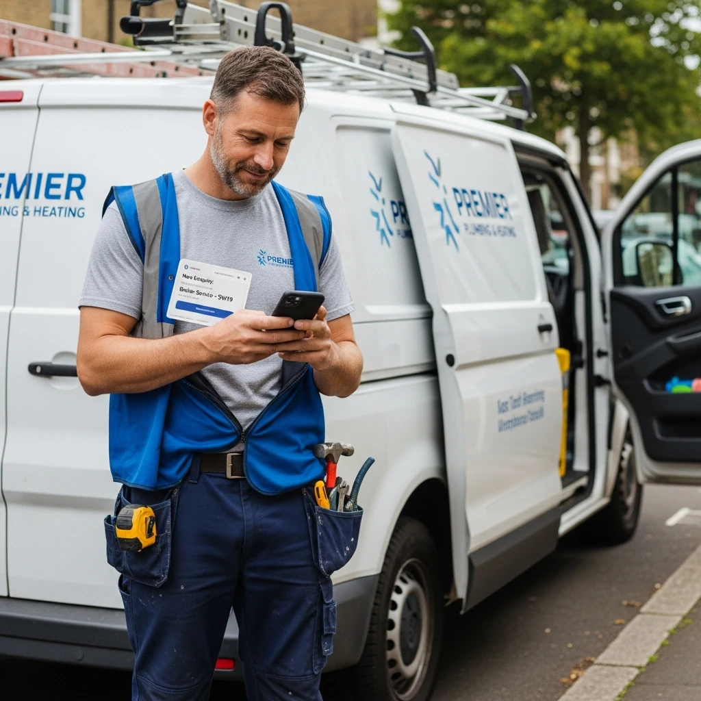 Tradesperson working beside a van while handling enquiries more calmly